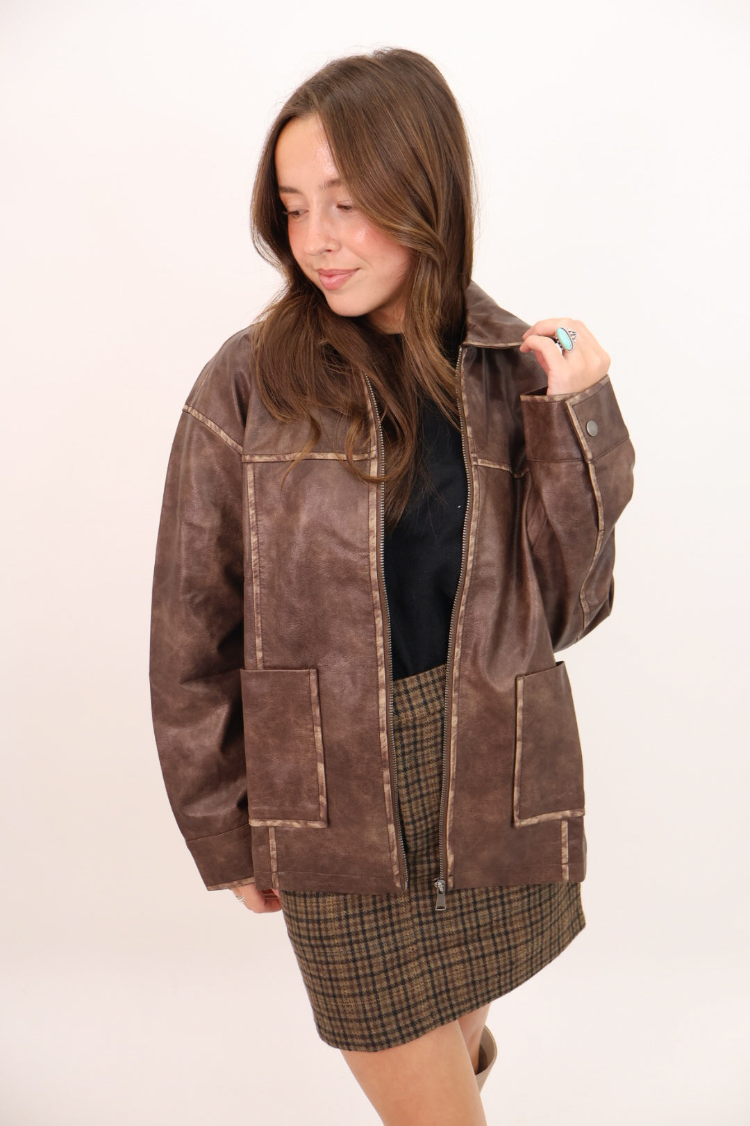 Oversized Brown Faux Leather Jacket – Moda Boutique