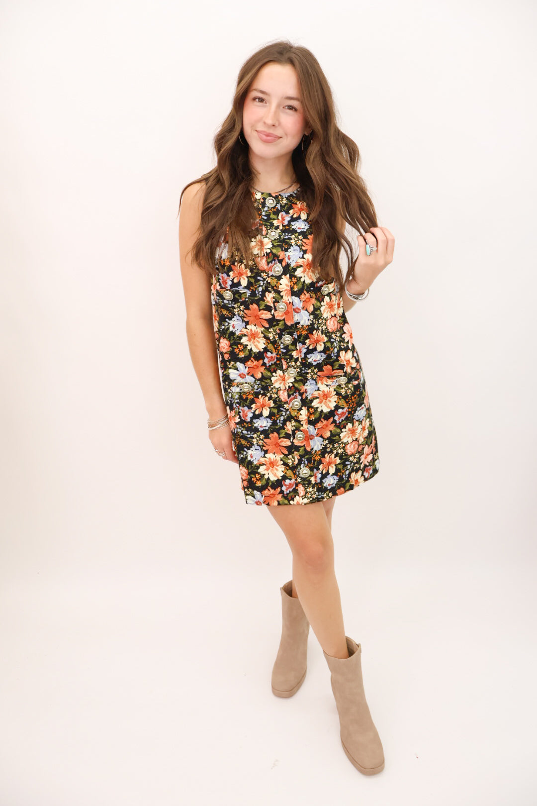 Black Floral Button Front Mini Dress