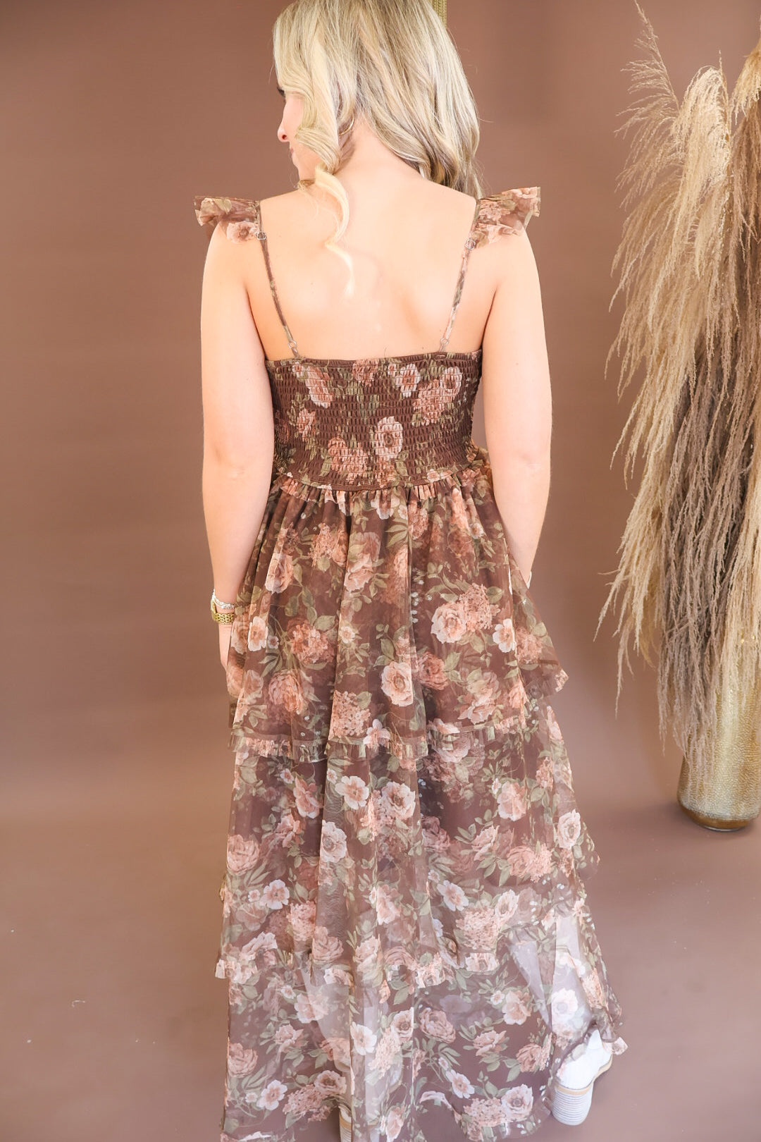 Chocolate floral mesh dress with ruffle straps and side slit