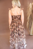 Chocolate floral mesh dress with ruffle straps and side slit
