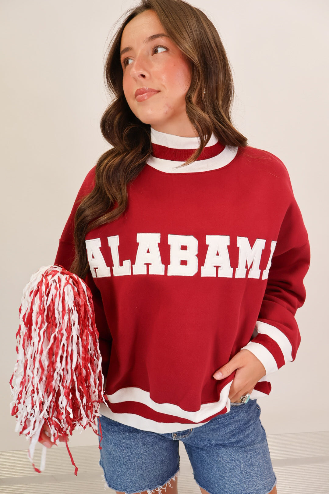 Crimson Alabama varsity mockneck pullover with white appliqué lettering — view 3