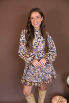 Floral Print Belted Long Sleeve Mini Dress — front view.
