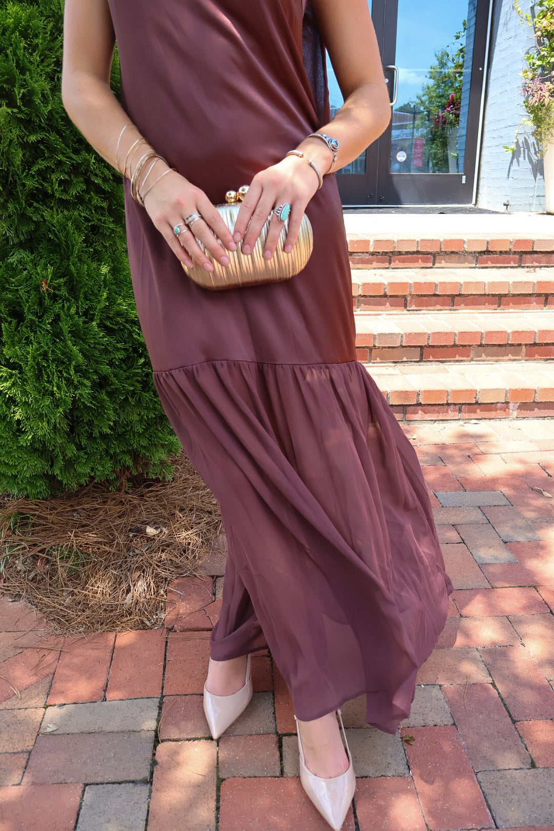 Chocolate brown satin slip maxi dress with adjustable straps and a detachable neck scarf
