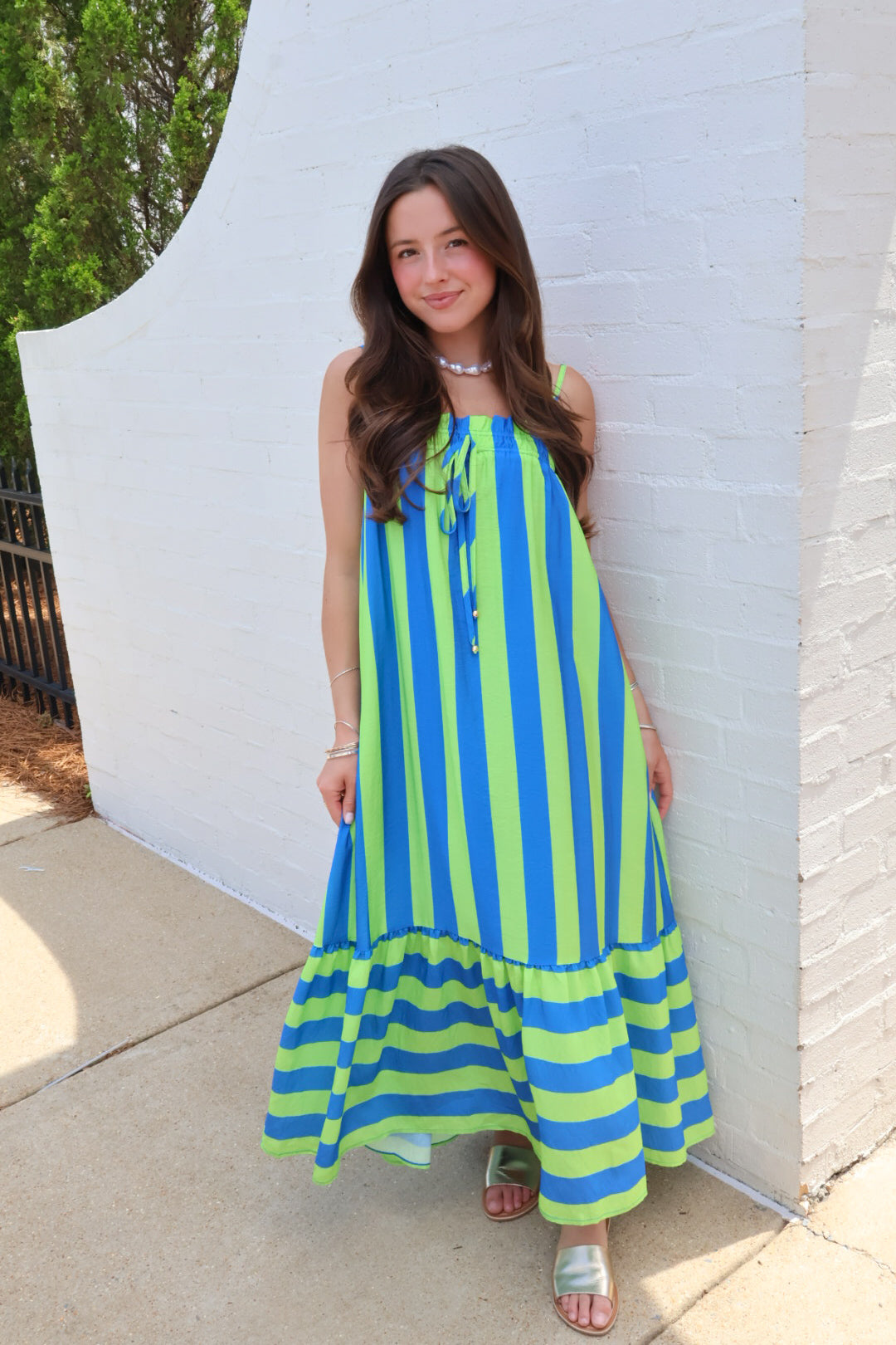 Sunset Stroll Stripe Maxi Dress - Lime + Blue