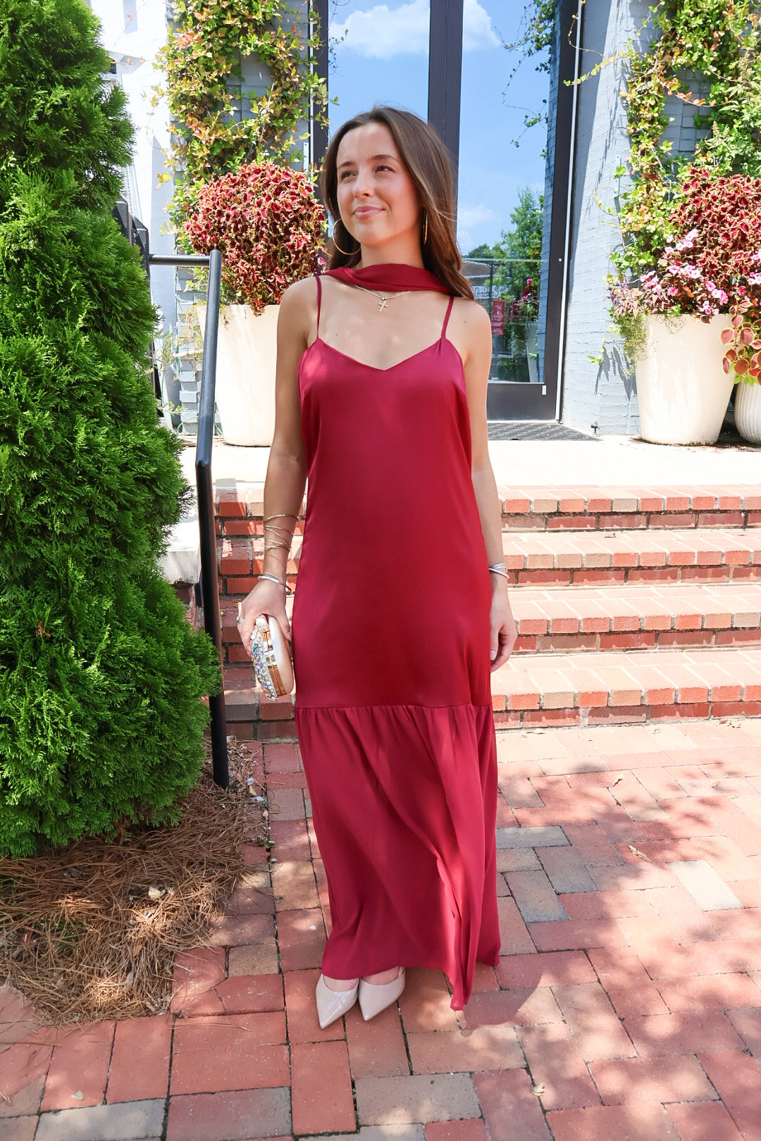 Burgundy satin slip maxi dress with adjustable straps and a detachable neck scarf