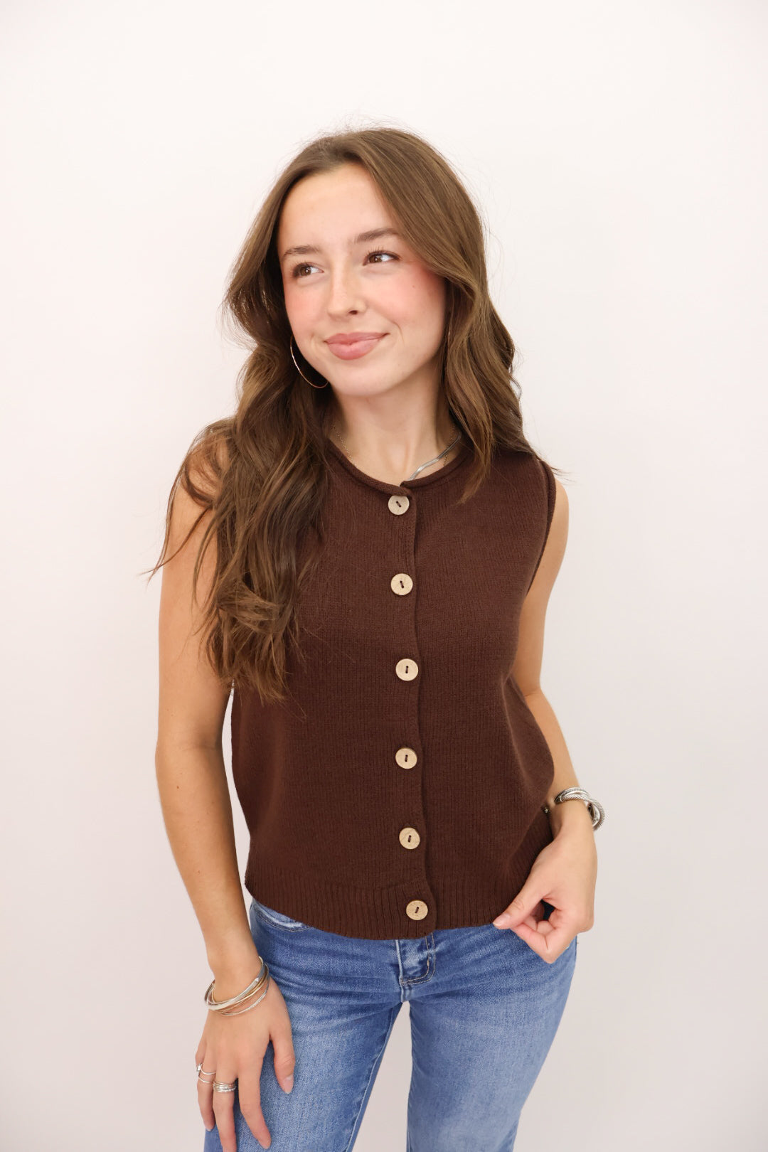 Sleeveless Button Front Knit Vest Top - Brown