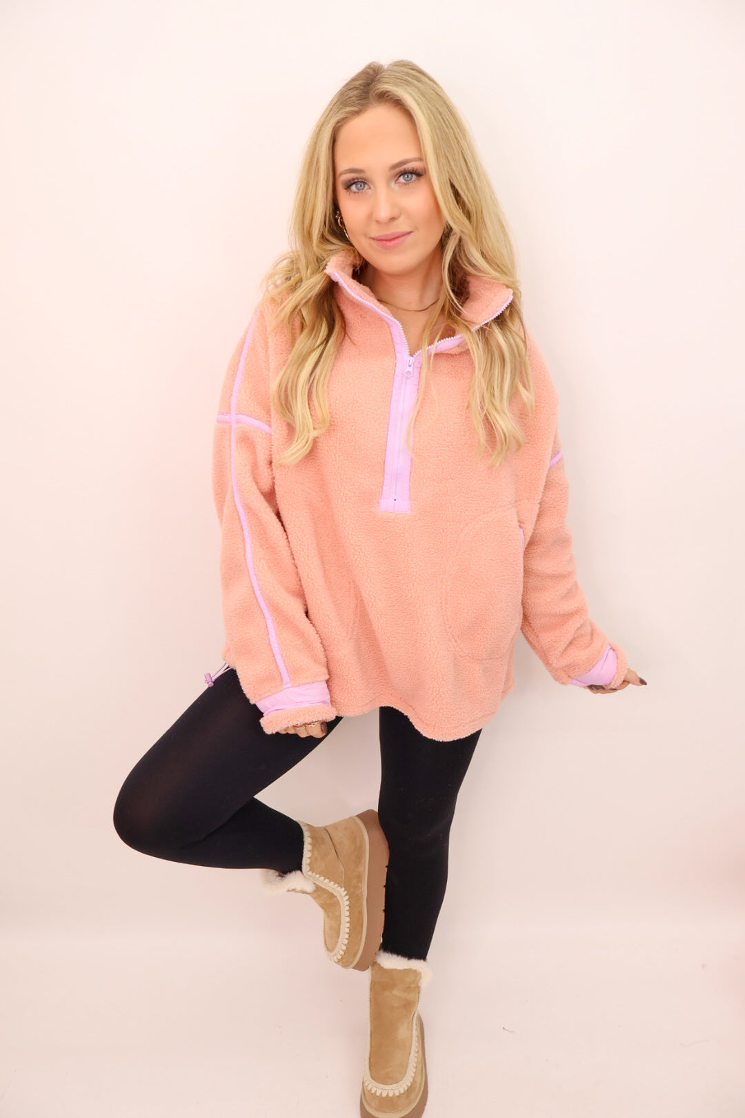 Cozy Sherpa Half-Zip Pullover - Mauve + Pink