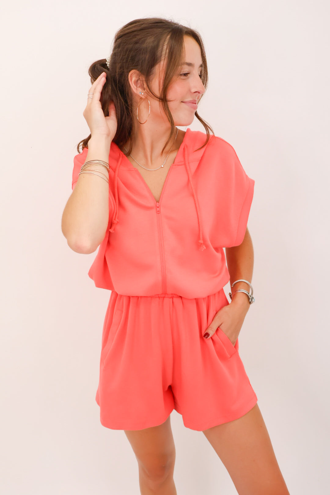 Casual Coral Hooded Romper