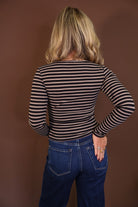 Black Striped Fitted Button-Front Top — back view.