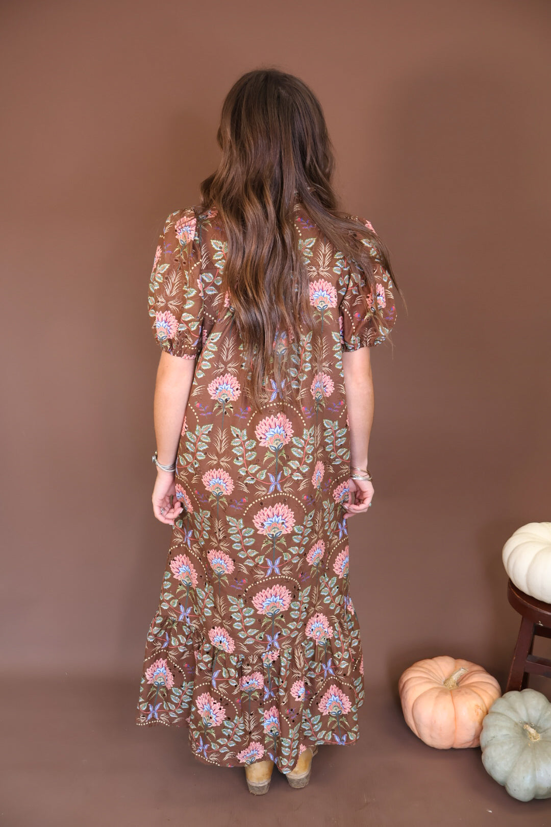 Brown Floral Eyelet Midi Dress — back view.