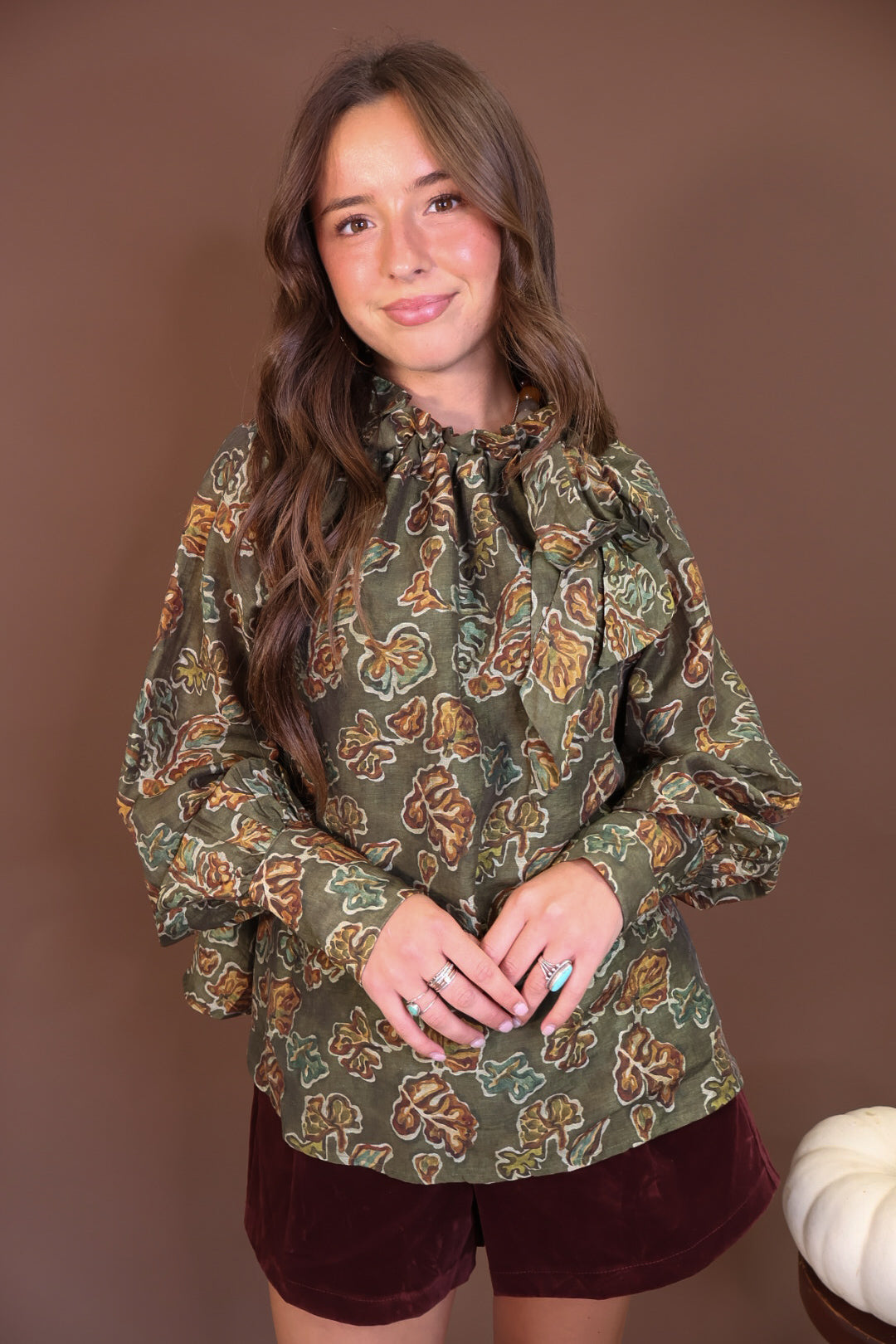 Olive Floral Tie-Neck Blouse — front view.