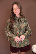 Olive Floral Tie-Neck Blouse — front view.