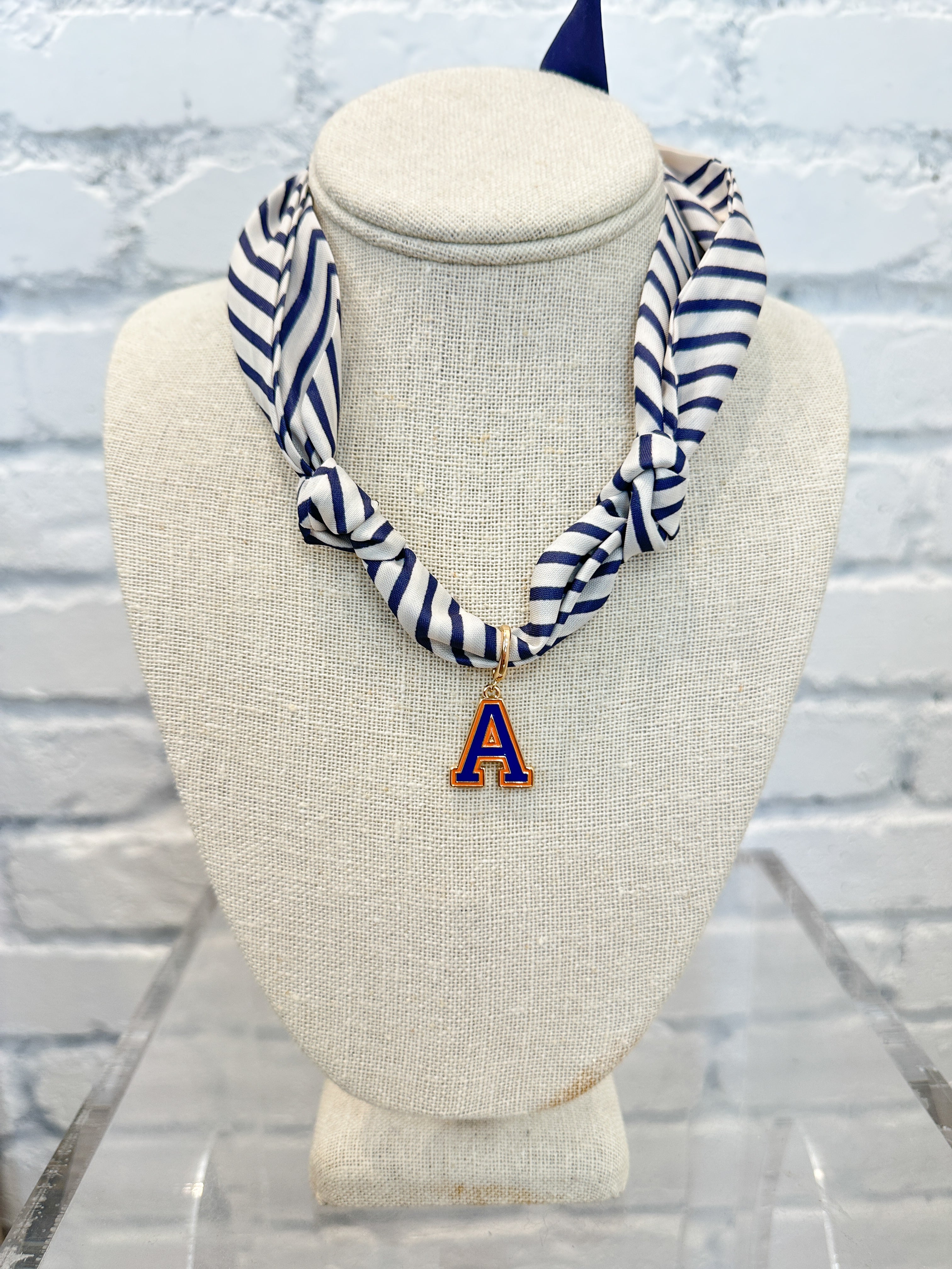 Gameday Scarf Necklace - Navy Stripe with A Pendant