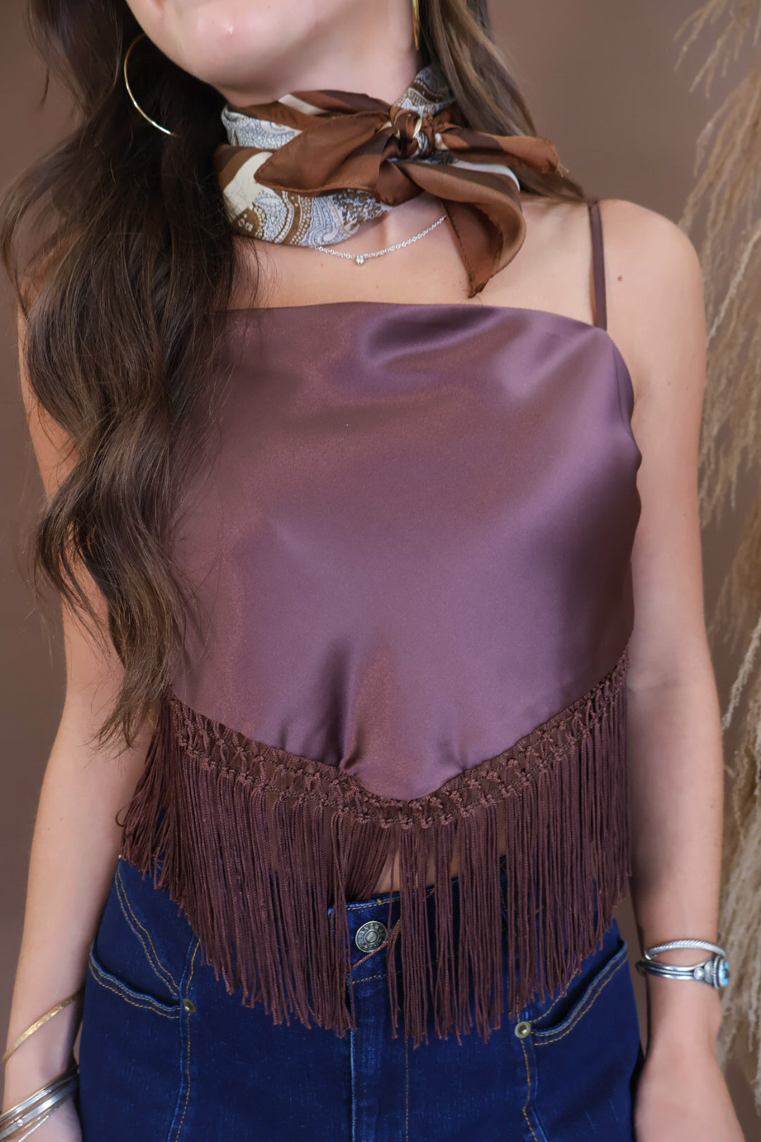Mauve satin crop top with fringe trim hem