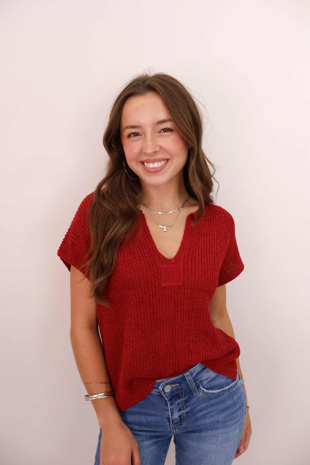 Split Neck Pullover Sweater - Crimson