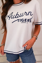White Auburn Tigers script sweater top with navy ringer trim — view 3