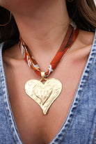 Rust Scarf Necklace with Gold Heart Pendant