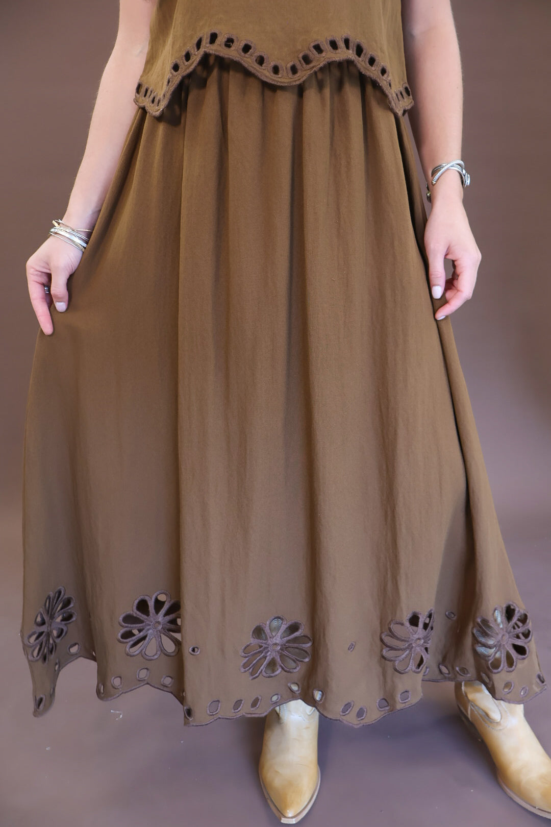 Chocolate eyelet cutout boxy top and skirt set