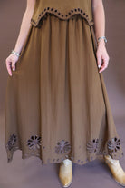 Chocolate eyelet cutout boxy top and skirt set