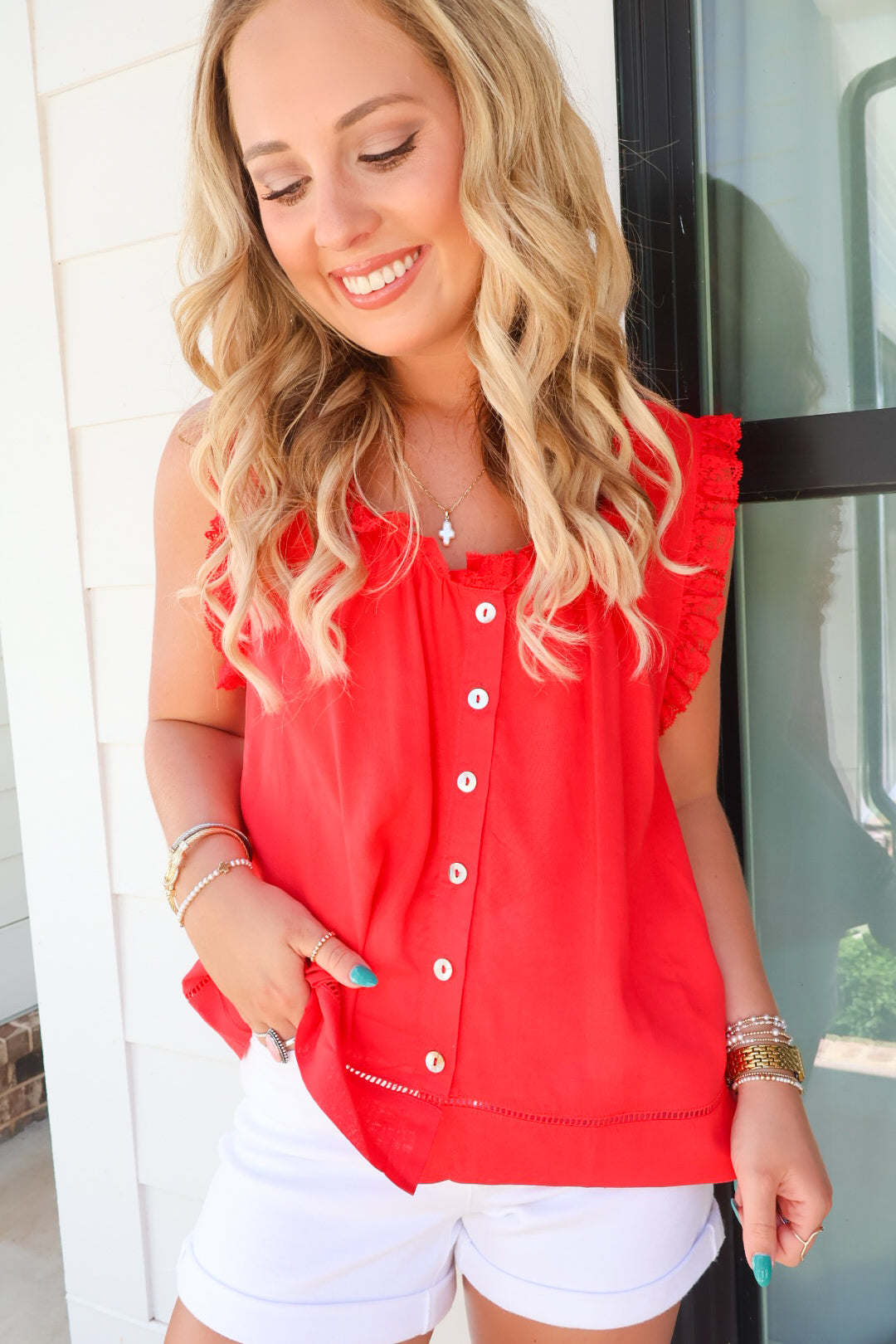Red Lace Trim Button-Front Top