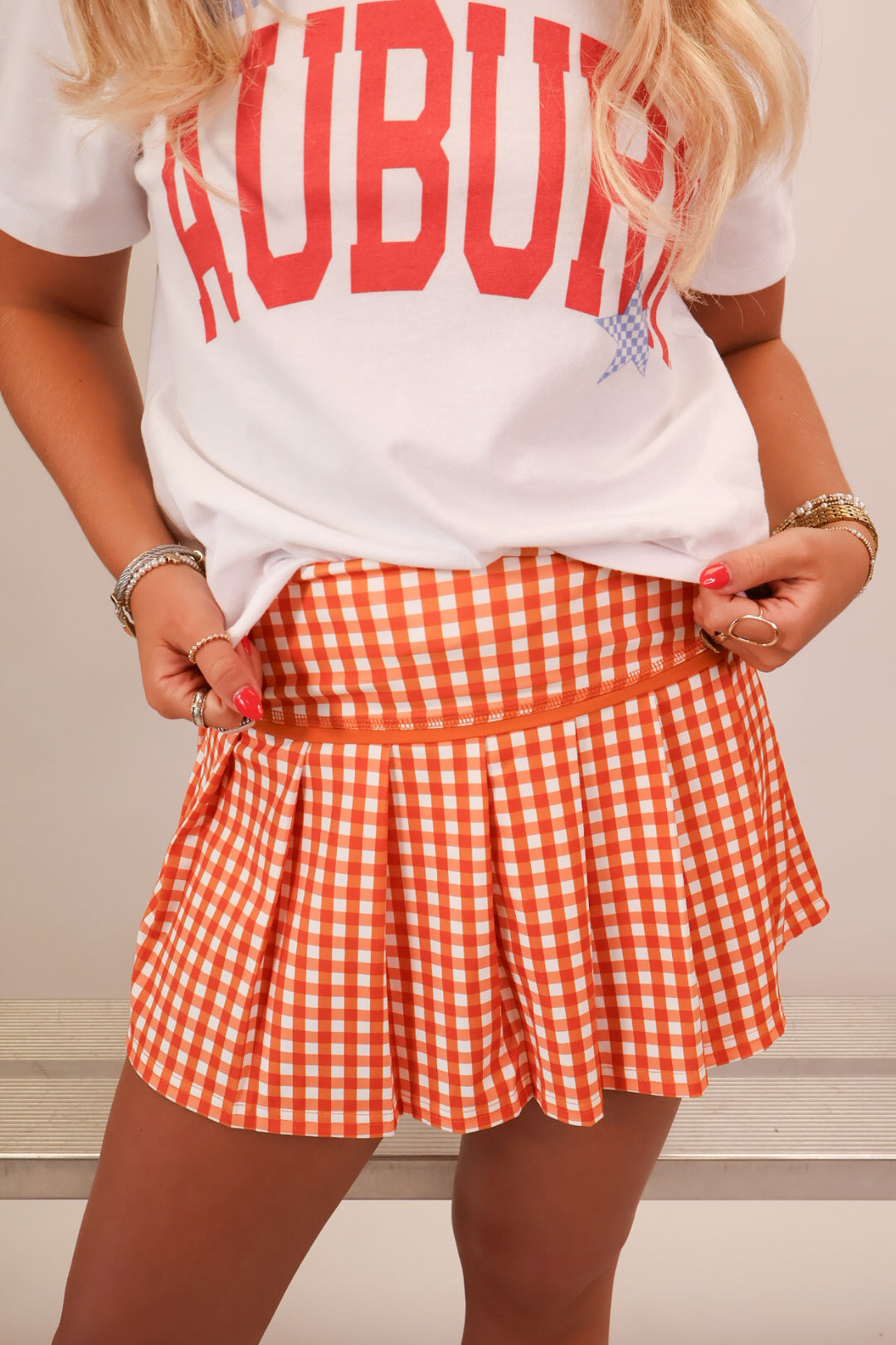 Orange gingham pleated skort with built-in shorts — view 4