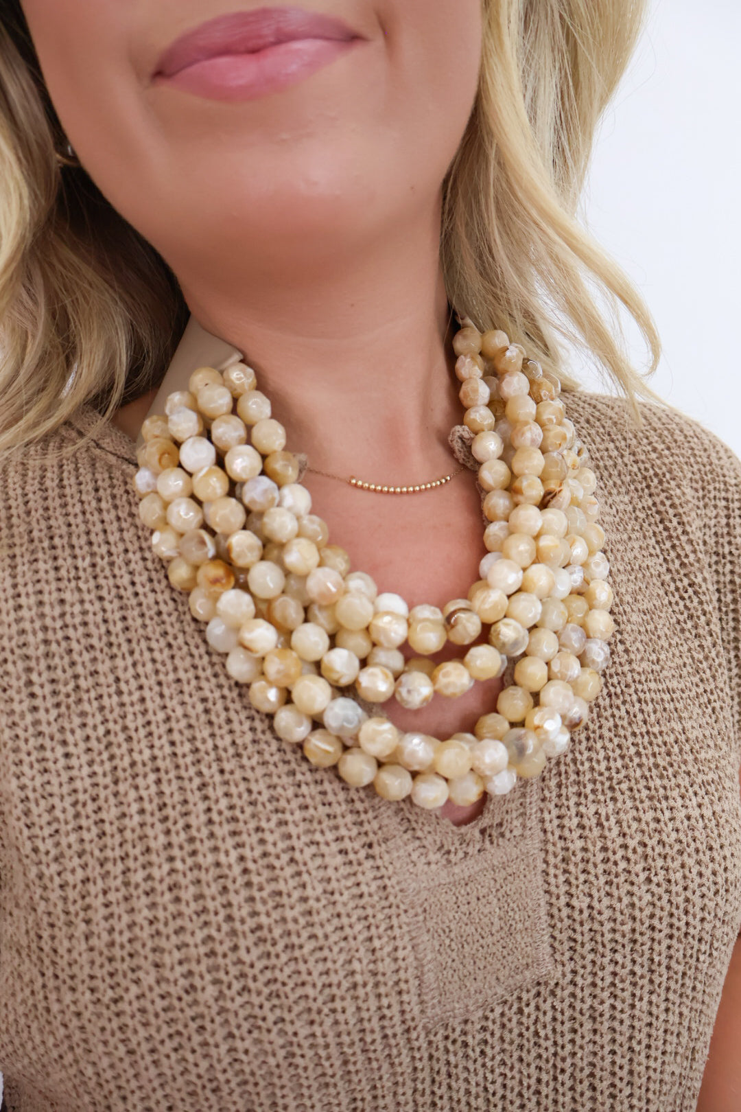 Chunky Layered Beaded Necklace - Tan