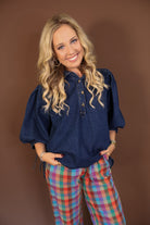 Dark Denim Balloon Sleeve Top — front view with balloon sleeves.
