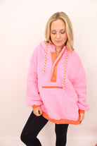 Fleece Hooded Pullover - Pink + Orange