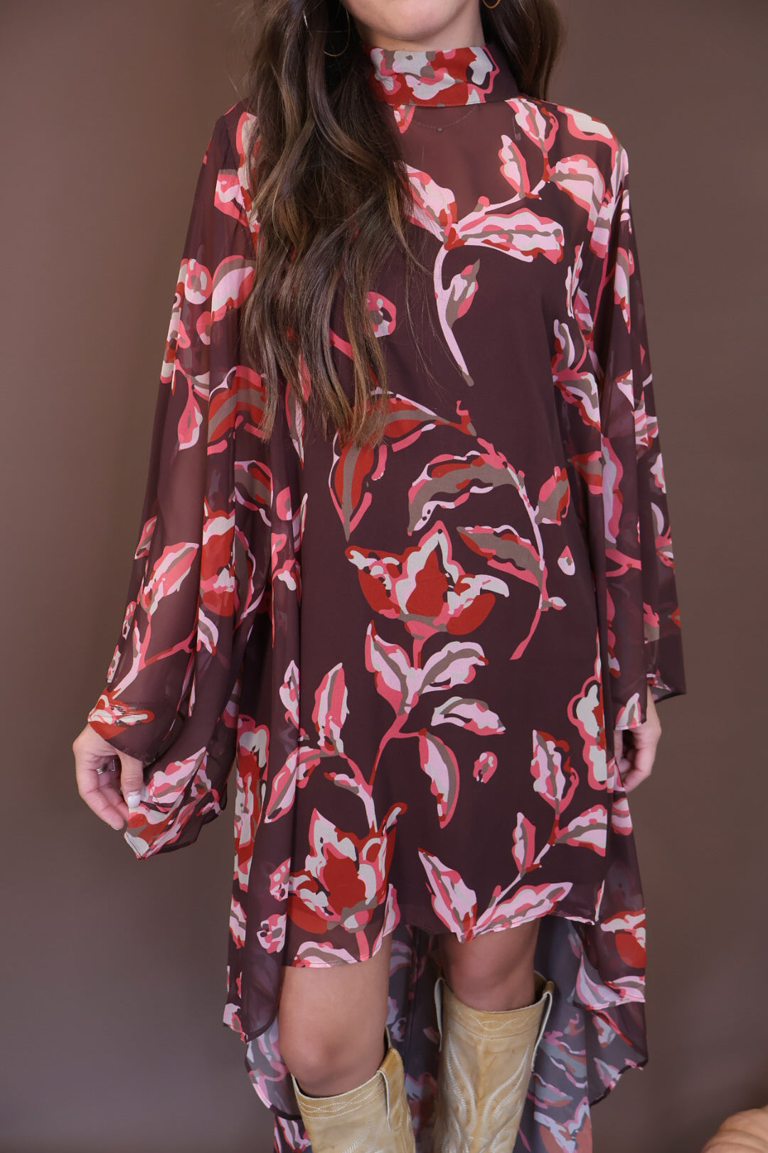 Burgundy And Brown Floral High-Low Maxi Dress — close-up of floral print and high neckline.