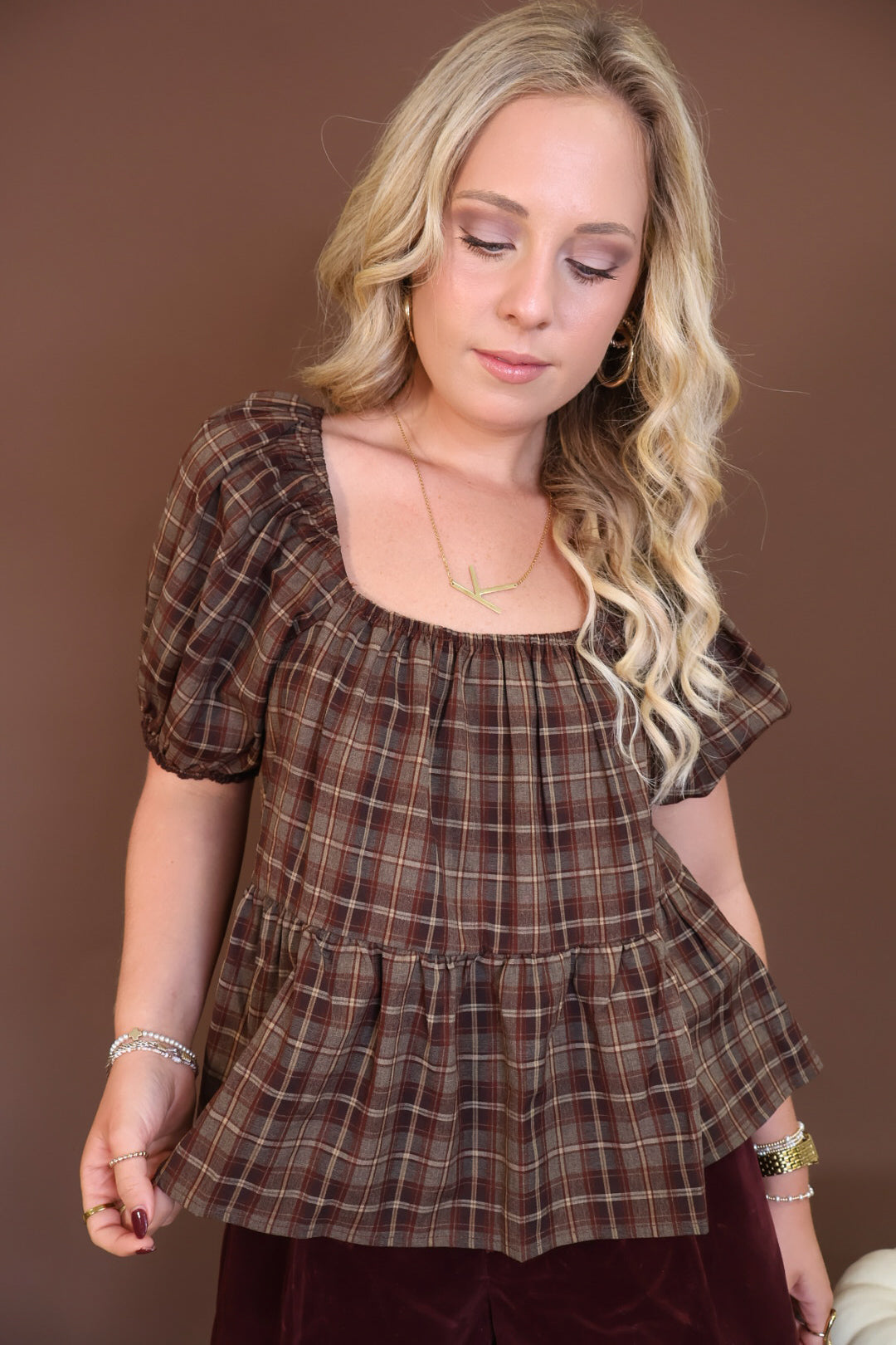 Brown Plaid Puff Sleeve Babydoll Top — front view.