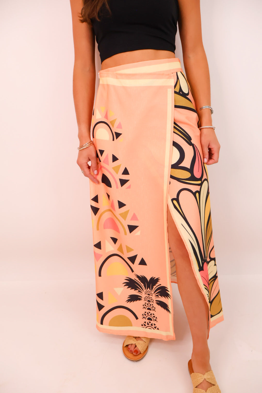 【THE MOZZ】Peach Wrap Long Skirt Sunset Mirage Wrap Skirt – Peach Multi – Moda Boutique