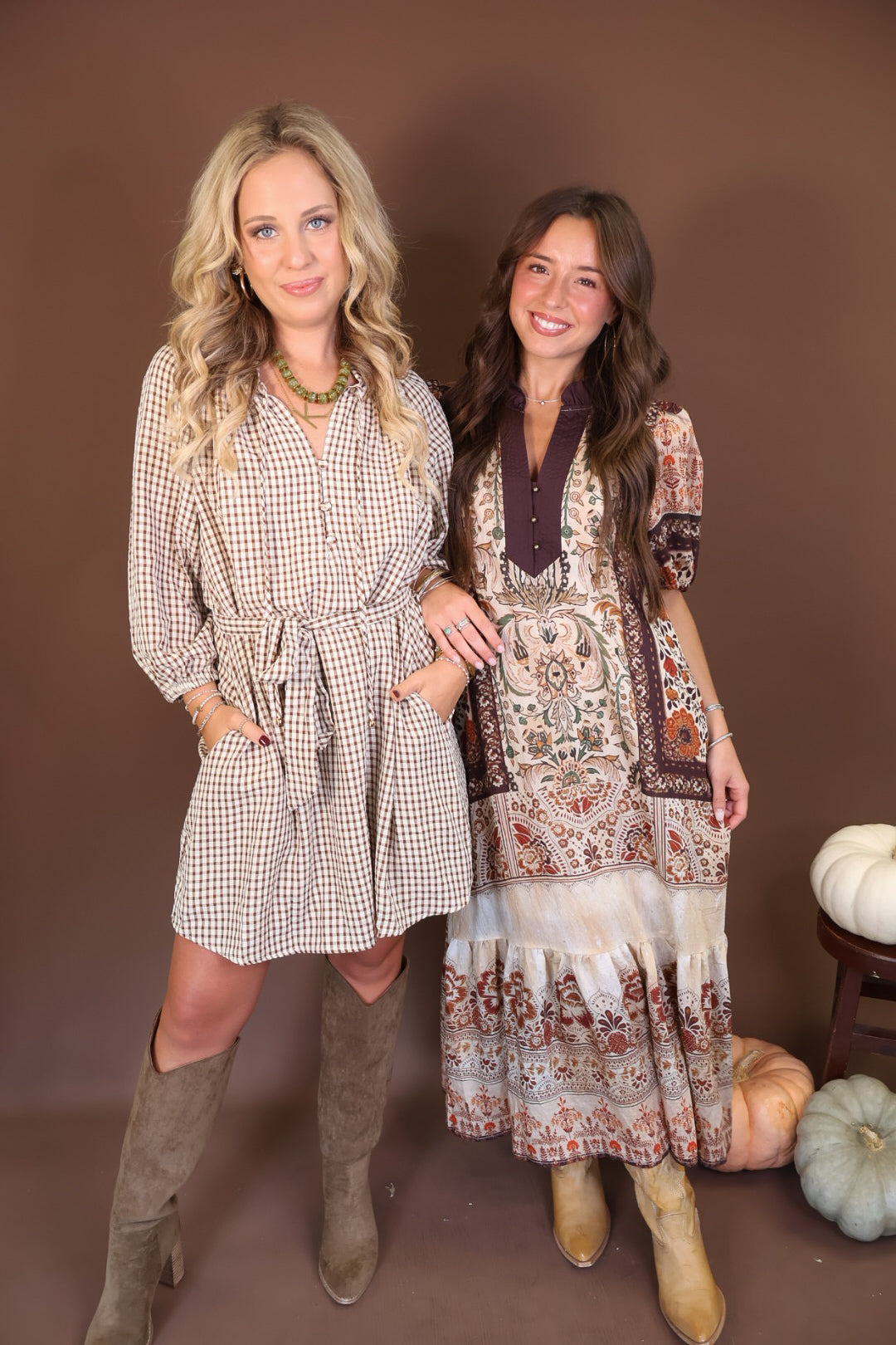 Boho Print Short Sleeve Midi Dress — styled beside a plaid shirt dress.