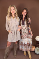 Boho Print Short Sleeve Midi Dress — styled beside a plaid shirt dress.