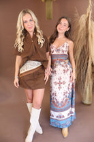 Cream border print boho maxi dress with open back