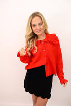 Ruffle Trim Cardigan - Red