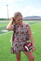 Brown Football Embroidered Top and Shorts Set