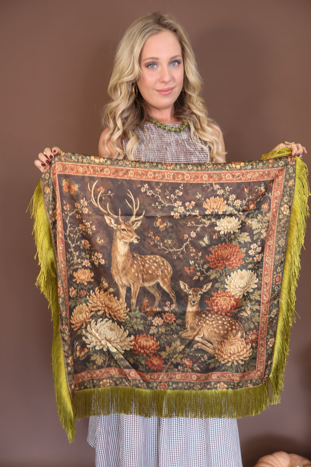 Green Deer Print Fringe Square Scarf — square scarf held open.