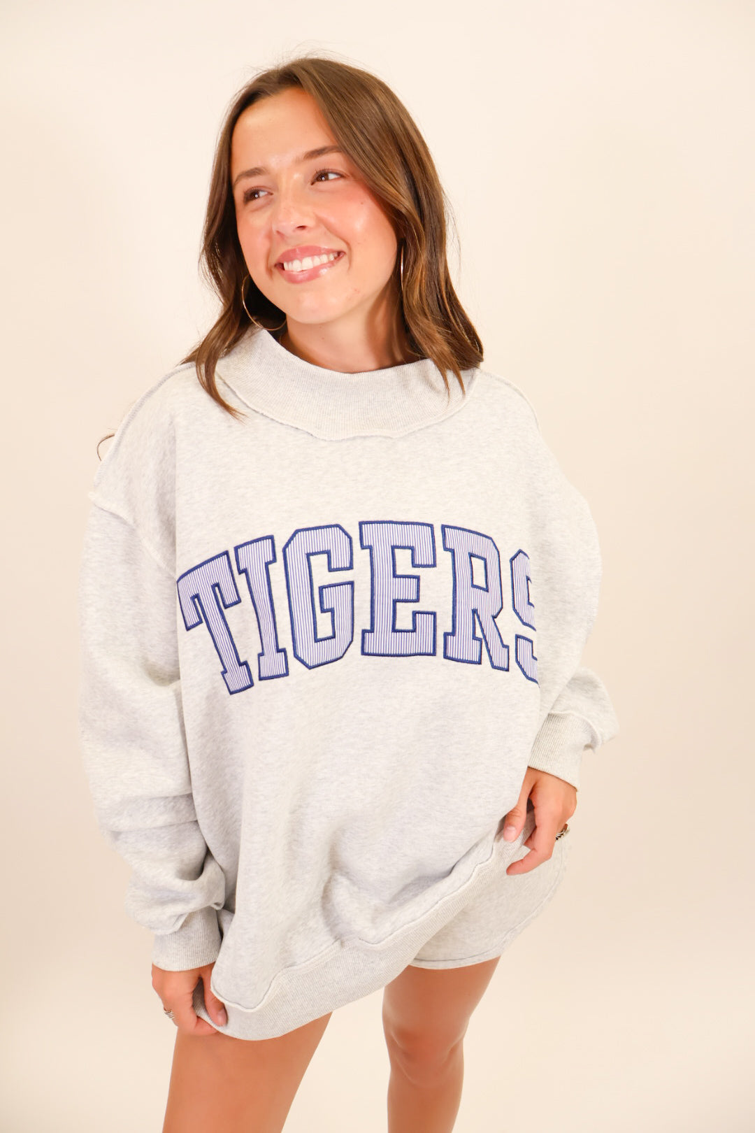 Tigers Pinstripe Embroidered Mock Neck Pullover - Gray