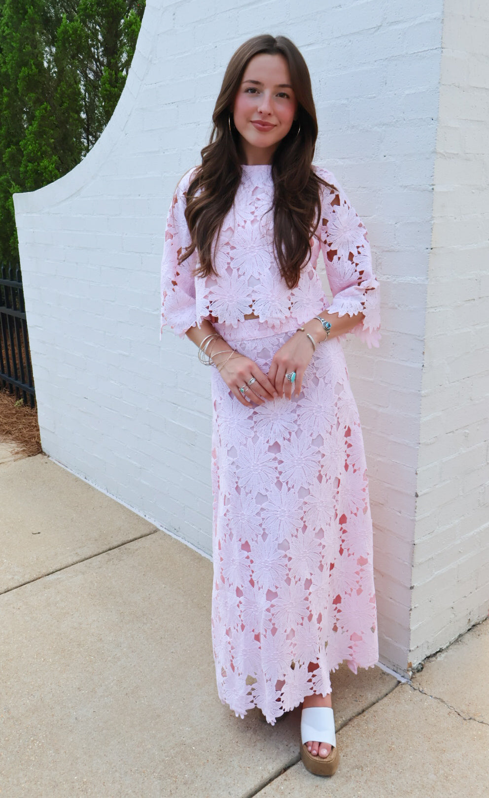 Blush Pink Floral Crochet Lace Crop Top and Maxi Skirt Set
