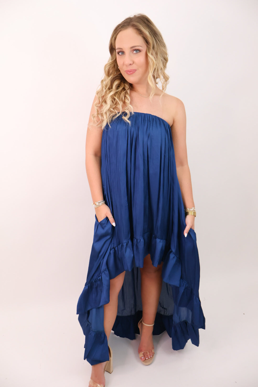 Satin Strapless High-Low Maxi Dress - Midnight Blue