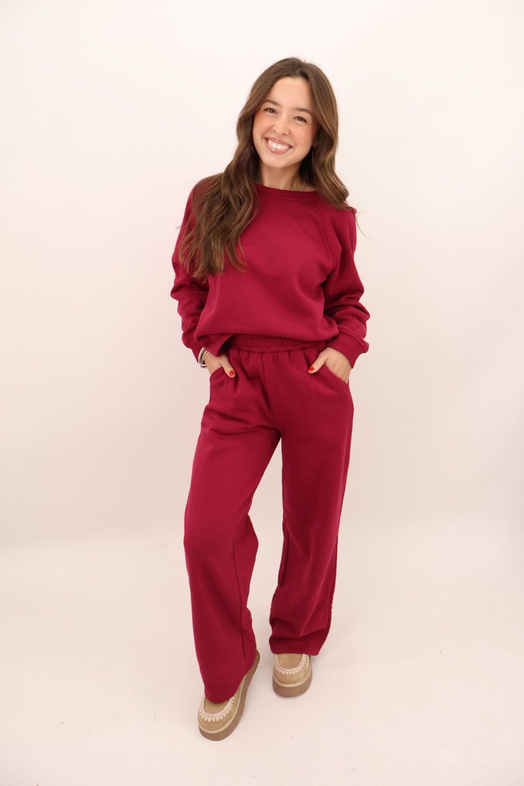 Casual Raglan Top and Pants Set - Cabernet