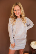 Heather Gray Striped Sweater And Mini Skirt Set — front view of matching sweater and skirt.