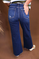 Back view and pockets of Lovervet dark-wash cropped wide-leg jeans