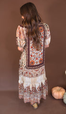 Boho Print Short Sleeve Midi Dress — back view.