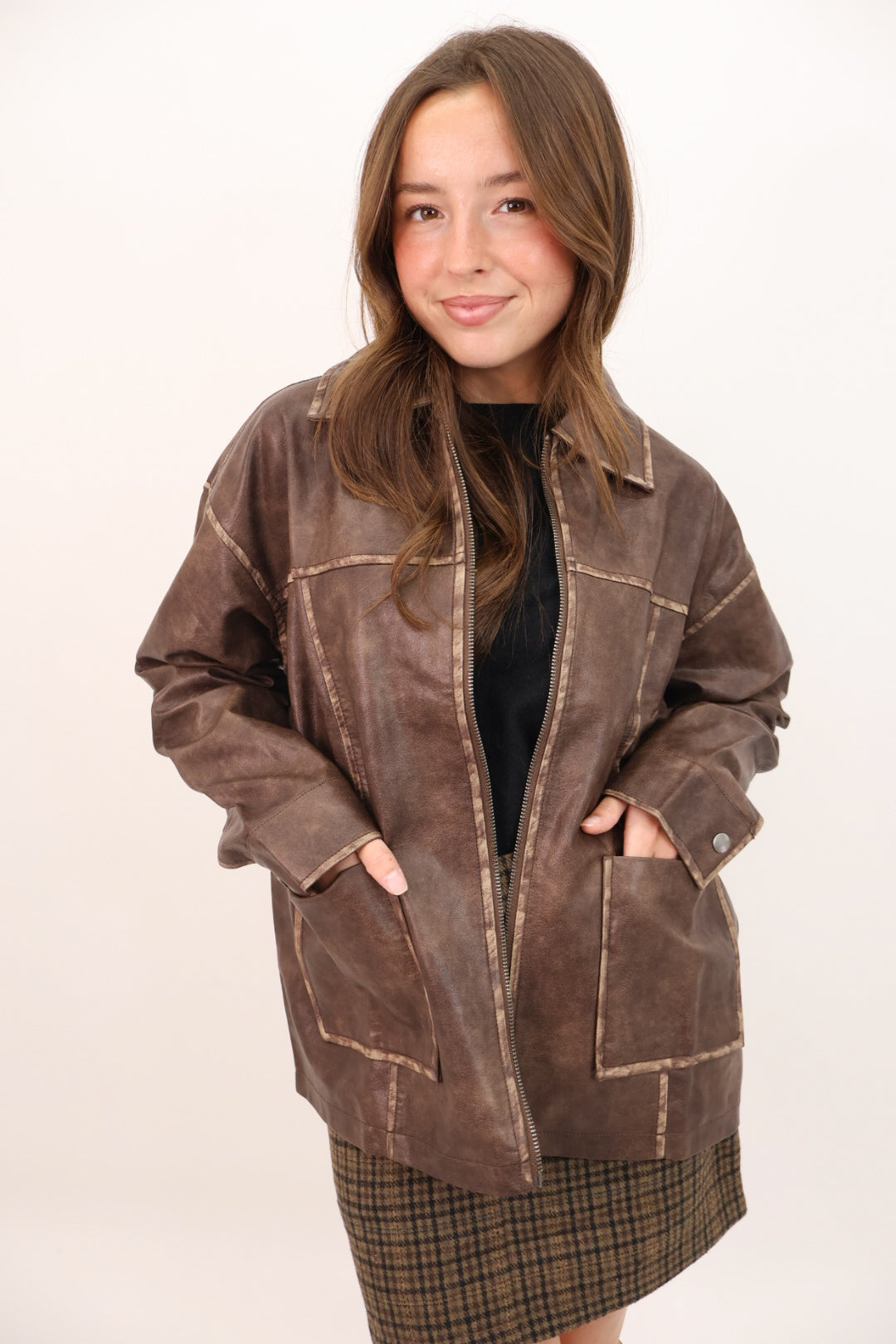 Oversized Brown Faux Leather Jacket – Moda Boutique