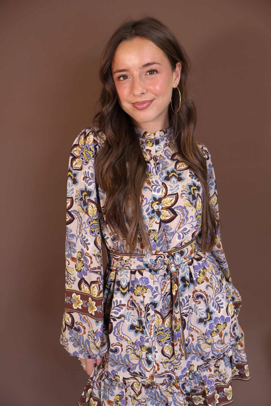 Floral Print Belted Long Sleeve Mini Dress — close-up of high neckline.