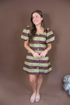Green & Brown Bold Stripe Puff Sleeve Dress