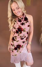 Blush velvet burnout floral dress with asymmetrical fringe hem