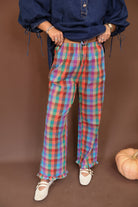 Multicolor Plaid Ruffle Hem Pants — front view.