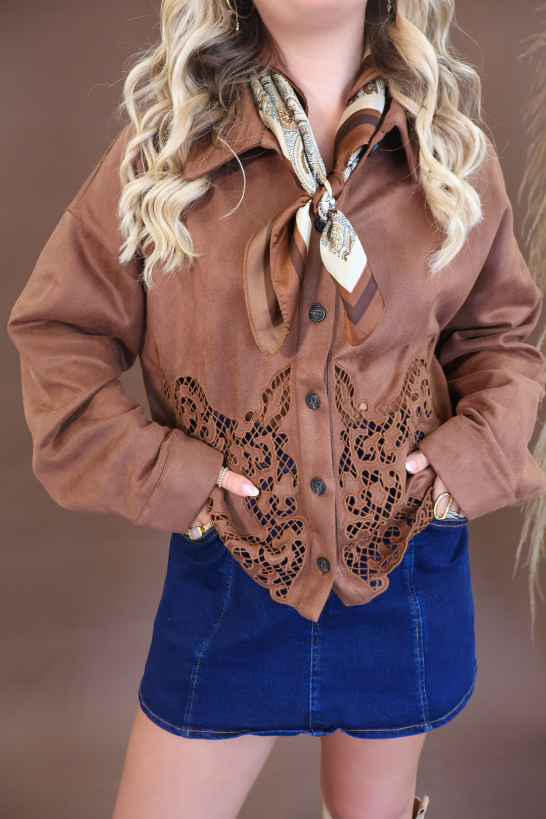 Chocolate faux suede shirt jacket with sheer cutout hem